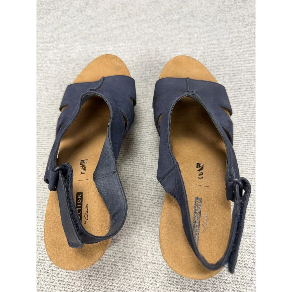 Clarks Collection Navy Blue Leather Cork Wedge Sandals‎ Womens 9.5 M